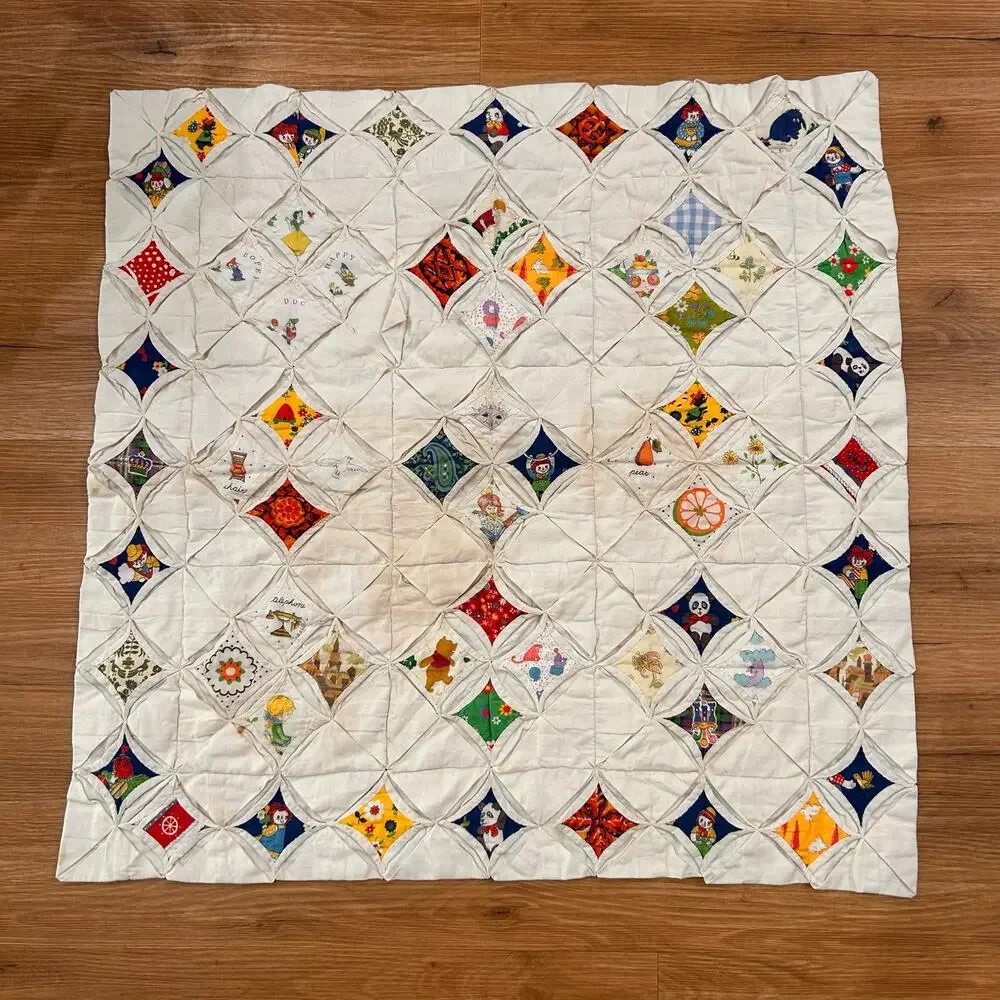 Vintage 70s Cathedral Window Quilt Winnie the Pooh Raggedy Ann Handmade 30x30 -